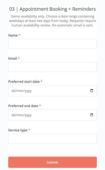 Booking form explaining simulated availability and human review