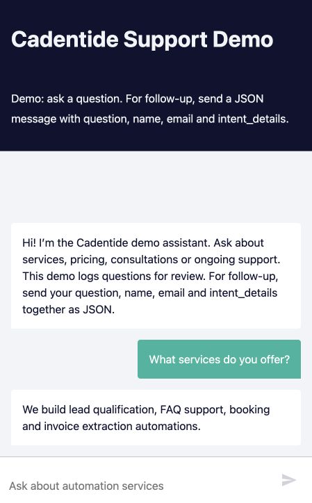 Cadentide support chat answering a services question from approved FAQs